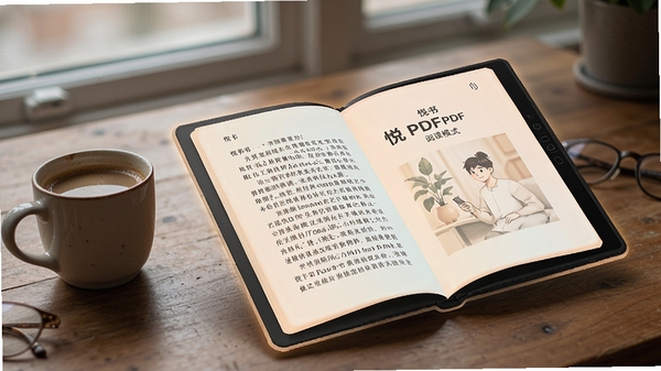悦书PDF阅读器阅读模式展示,画面中一本打开的电子书页面清晰显示,页面边缘有柔和的护眼色调,桌面摆放一杯咖啡,营造轻松的阅读氛围