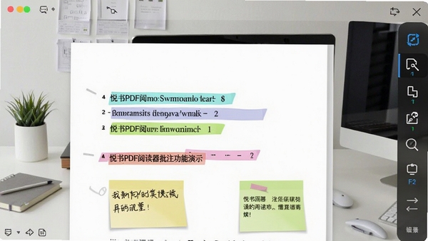 悦书PDF阅读器批注功能演示,文档页面中有彩色高亮和便签标记,右侧工具栏显示批注工具图标,背景为简约办公桌面