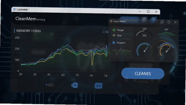 CleanMem内存清理软件主界面预览图,展示其简洁的仪表盘风格,显示内存占用率曲线和清理按钮,背景为深色科技感,带有半透明的系统监控窗口