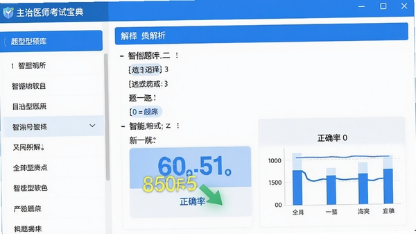 主治医师考试宝典软件的智能题库功能界面截图风格,左侧为题型分类列表,右侧显示选择题及解析,页面设计简洁清晰,重点突出答题卡与正确率数据图表,整体色调为蓝色与白色搭配