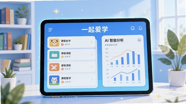 现代教育科技风格,画面中央是一块发光的平板电脑,屏幕上显示“一起爱学”APP主界面,左边是课程列表,右边是AI智能分析图表,背景是淡蓝色的学习场景,书架和绿植点缀,整体明亮充满希望感,风格扁平化,色彩饱和度适中,适合作为教育应用官方宣传图