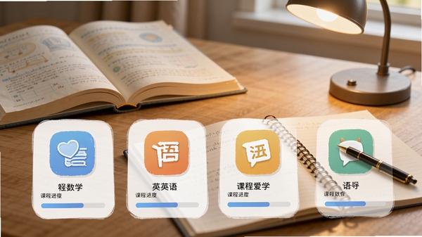 一起爱学APP的课程列表页,展示数学、语文、英语等学科图标,每个学科下方有课程进度条,背景是一张整洁的书桌,上面放着课本和笔记本,整体风格写实温馨,突出学习氛围,界面清晰易读