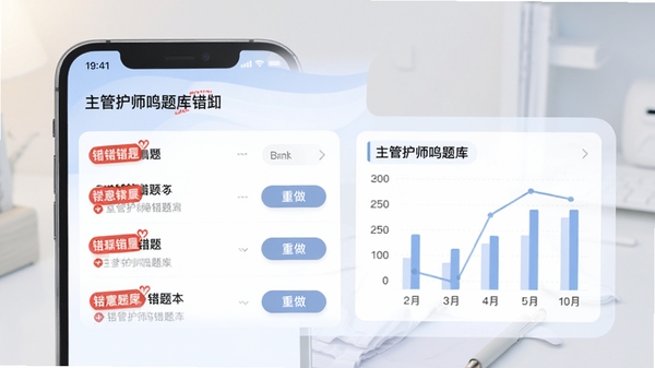 主管护师鸣题库错题本功能,手机界面显示错题列表与统计图表,背景柔和,有红色标记的错题标签,旁边显示重做按钮,风格清爽