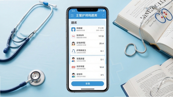 主管护师鸣题库主界面展示,手机屏幕显示题库列表与答题进度,背景淡蓝色医疗风格,画面主体居中,周围点缀听诊器与医学书本元素,整体明亮清晰