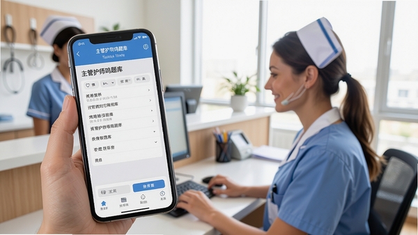 主管护师鸣题库使用场景,用户在手机上答题,背景为护士站或办公室,画面自然,光线明亮,手机屏幕显示答题界面清晰可见