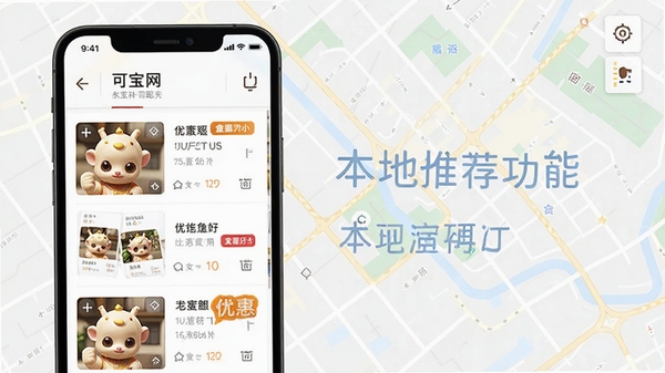 可宝网本地推荐功能演示图,手机屏幕显示附近商家列表,带有距离标签和优惠标识,背景为地图网格,风格明亮清晰