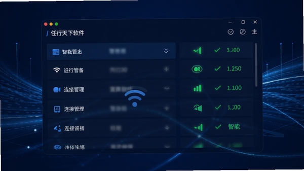 任行天下软件主界面预览图,展示其简洁的蓝牙设备管理列表与醒目的连接状态指示图标,画面以深蓝色科技感背景为主,辅以流动的光效线条,突出智能、高效、稳定的核心氛围,整体构图干净,主体突出,适合作为软件功能展示的首图