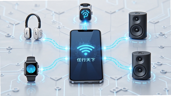 任行天下蓝牙配对过程动态示意图,画面中央是一部手机,周围环绕着多个不同类型的智能设备图标,如耳机、手表、音箱,它们正以发光的线条与手机连接,背景为浅灰色科技网格,突出快速、稳定、智能的配对体验,画面细节丰富,色彩明亮清晰