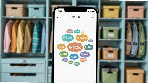 寻念软件物品标签管理功能预览,画面主体为手机界面显示分类标签云,背景为整洁有序的储物柜,色彩明亮,细节丰富,适配Boogu模型生成