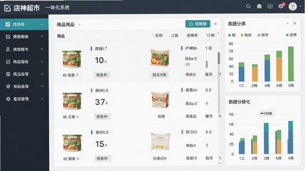 店神超市进销存一体化系统主界面,左侧功能菜单,中间商品列表,右侧数据图表,整体风格商务简洁,色彩明快,高清截图