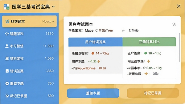 医学三基考试宝典的智能错题本界面,左侧列表按学科分类展示错题数量,右侧展示一道错题的题干、用户错误答案与正确答案对比,下方有“重做本题”和“标记已掌握”两个按钮,界面采用舒适的暖黄色背景,视觉上减轻学习压力
