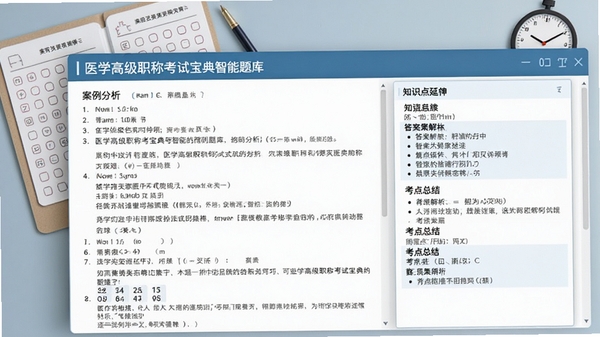 医学高级职称考试宝典智能题库界面截图,展示一道案例分析题,右侧有详细的答案解析区域,包含知识点延伸和考点总结,背景有模拟的答题卡和计时器元素,画面清晰专业。