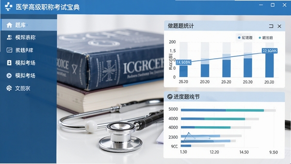 医学高级职称考试宝典软件主界面预览图,展示清晰的功能分区布局,左侧为题库导航与模拟考场入口,右侧显示做题统计与进度图表,背景为专业的医学书籍与听诊器元素,整体风格简洁明快,色彩以蓝白为主色调,突出专业与信赖感。