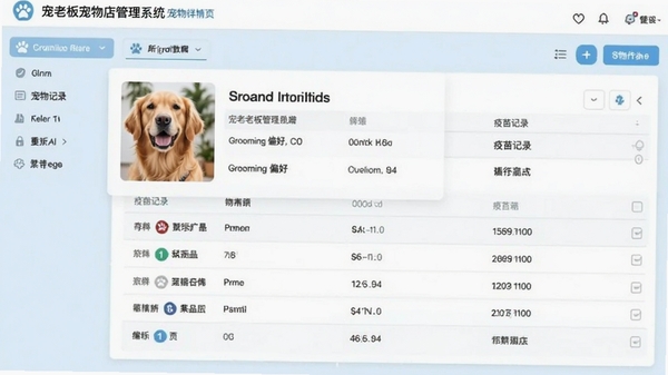 宠老板宠物店管理系统宠物档案详情页截图,画面显示一只金毛犬的完整资料卡片,包含疫苗记录与 grooming 偏好,背景为系统浅蓝色界面,数据列表清晰,风格简洁专业