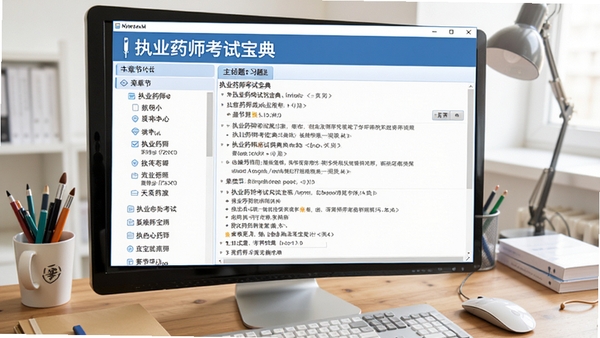 执业药师考试宝典主界面截图,展示软件在电脑桌面上的运行效果,界面左侧为章节列表,右侧为习题区域,整体色调以蓝白为主,清晰展示软件名称“执业药师考试宝典”的字样,背景为整洁的书桌,光线明亮。