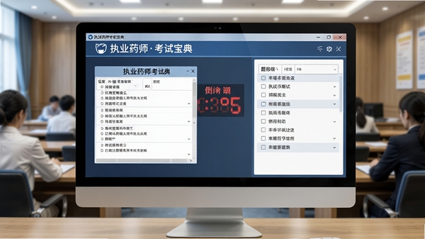 执业药师考试宝典模拟考试界面,电脑屏幕上显示答题卡与倒计时,右侧有题目选项,整体风格专业严谨,背景为模拟考场环境,突出“执业药师考试宝典”品牌。