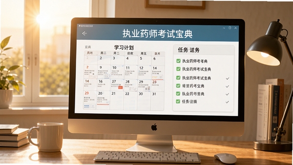 执业药师考试宝典学习计划页面,电脑界面中展示日历与任务清单,任务前有对勾标记,背景为清晨的书桌,阳光洒入,突出“执业药师考试宝典”的规划功能。