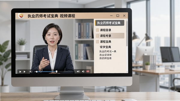 执业药师考试宝典视频课程播放界面,电脑上显示讲师讲解画面,右侧有课程目录与讲义,界面色彩柔和,背景为现代办公室,突出“执业药师考试宝典”的专业教学资源。