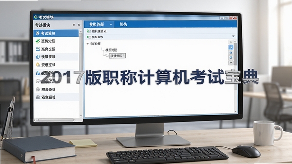 软件主界面展示,左侧为考试模块列表,右侧为模拟答题区域,整体风格简洁清晰,色彩以蓝色和白色为主,突出“2017版职称计算机考试宝典”字样,界面布局专业,适合办公学习场景,高清渲染,细节丰富