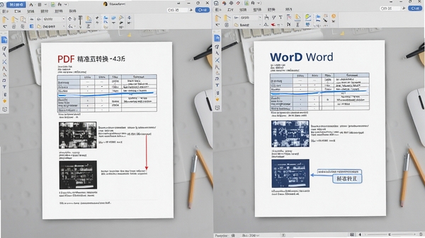 高清晰度对比图,左侧为PDF原始文件,右侧为转换后的Word文档,两者并排展示,文字、表格、图片一一对应,背景为浅灰色工作台,体现转换效果的专业性与准确性,软件界面细节可见,整体色调清爽,突出“精准转换”功能
