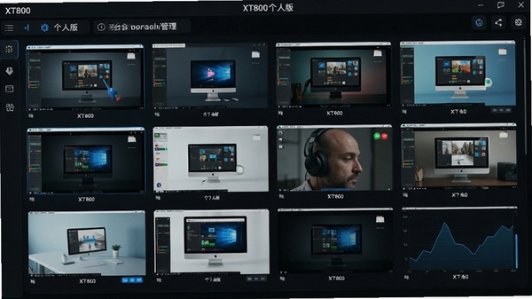 XT800个人版多会话管理界面,窗口排列多个远程桌面缩略图,每个画面显示不同内容,背景为深色控制台风格,突出管理功能与高效性