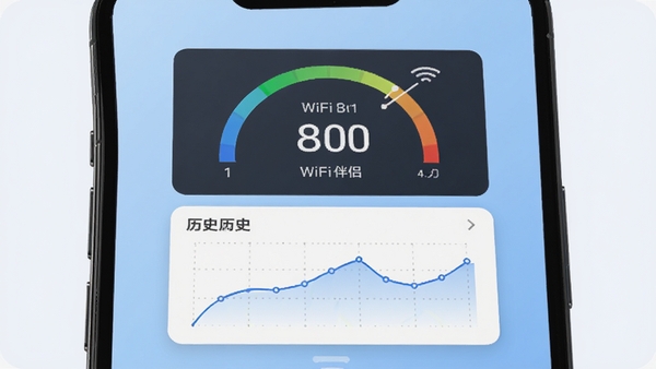 WiFi伴侣全能钥匙网速监测悬浮窗,手机屏幕上方显示实时速度仪表盘,下方有历史曲线图,背景为淡蓝色渐变,现代扁平化设计风格,突出数据可视化和专业性