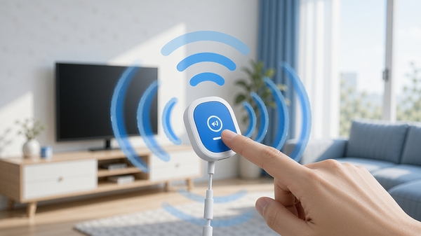 WiFi伴侣全能钥匙一键连接功能演示,手指点击屏幕上的连接按钮,周围有无线信号波纹扩散,背景为简约室内环境,明亮自然光,突出便捷性和高效性,蓝色主题色调