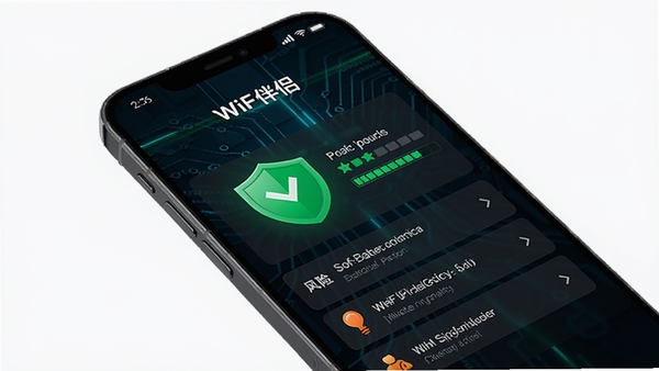 WiFi伴侣全能钥匙安全检测界面,手机屏幕展示绿色盾牌图标,旁边有安全等级评分和风险提示列表,背景为深色科技纹理,蓝绿色光线点缀,体现安全可靠的品牌形象