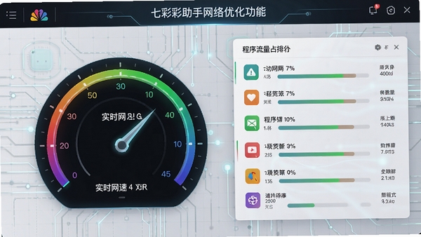 七彩助手网络优化功能界面,展示实时网速仪表盘和各程序流量占用排行列表,背景为浅灰色科技网格,突显数据监控的专业性