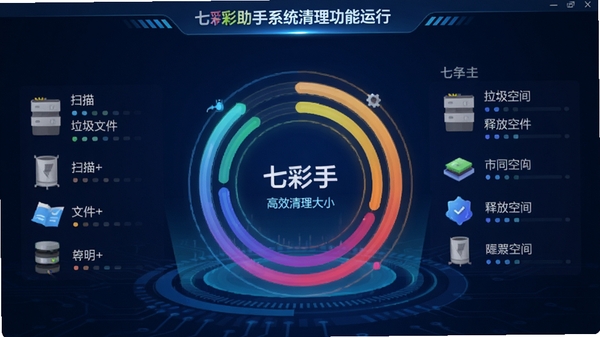 七彩助手系统清理功能运行界面,显示扫描出的垃圾文件类别和可释放空间大小,界面采用彩色环形进度图,背景为科技感深蓝色,突出高效清理能力
