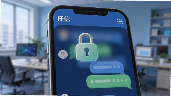 展示任信软件消息聊天界面的特写,屏幕上显示加密锁图标和对话气泡,背景为模糊的办公场景,强调信息安全的视觉元素,画面以蓝色和绿色为主色调,光线柔和,突出“任信”品牌标识,采用3D渲染风格,适配Boogu模型生成。