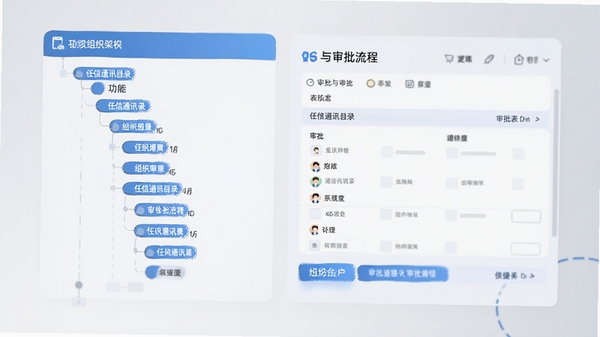 展示任信通讯录和审批流程的界面元素,左侧为组织架构树状图,右侧为审批表单,背景为浅灰色渐变,突出功能清晰和便捷性,画面整洁,以蓝色为主色调,采用扁平化插画风格,适配Boogu模型生成。