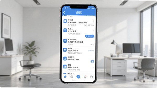 一幅展示任信应用在主屏幕上的整体界面的图片,背景为现代简约的办公环境,包含手机屏幕中的对话列表和底部导航栏,画面清晰明亮,突出软件名称“任信”和主要功能模块,采用扁平化设计风格,色彩以蓝色和白色为主,适配Boogu模型生成。