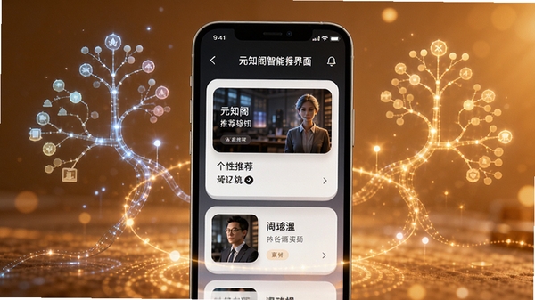 元知阁智能推荐界面示意图,手机屏幕上显示个性化推荐内容卡片,周围有知识树和光点装饰,背景为暖色调,突出智能匹配与个性化体验,画面清晰,科技感十足