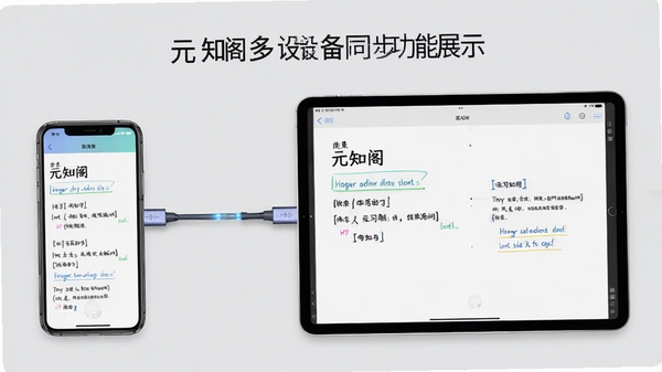 元知阁多设备同步功能展示图,画面左侧为手机,右侧为平板电脑,屏幕中显示相同的学习进度与笔记内容,中间以数据线连接,背景为浅灰色,强调同步与连续性,风格写实简洁