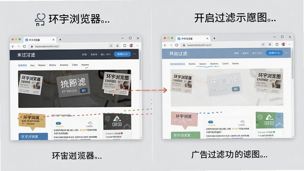 环宇浏览器广告过滤功能示意图,左侧为未过滤的网页,右侧为开启过滤后的干净页面,对比明显,浏览器界面清晰,背景色为浅灰,突出广告被移除的效果,画面简洁直观