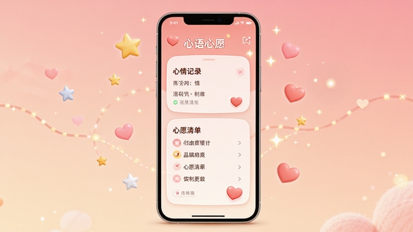 心语心愿整体预览图,手机界面展示心情记录与心愿清单功能,背景为温暖粉色渐变,界面卡片圆润,文字清晰,整体风格温馨治愈,画面主体为手机居中,周围点缀星星和爱心元素,光效柔和,适配竖屏海报构图