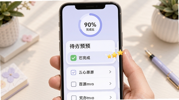 心语心愿心愿清单功能预览,手机屏幕展示待办事项列表,其中一项已完成打勾并有星星动画,背景为淡紫色,卡片式布局,顶部有进度环显示完成比例,整体风格清新,突出目标管理场景