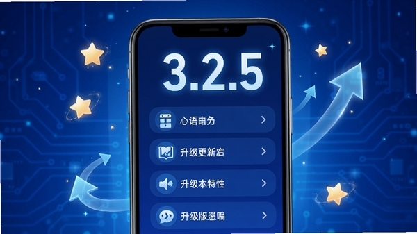 心语心愿版本更新示意图,手机屏幕显示新版本特性列表,背景为蓝色科技感,有“3.2.5”字样,周围有星星和箭头元素,整体风格简洁现代,突出升级优化主题