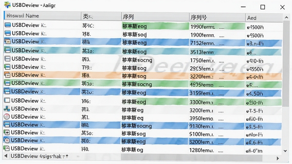 USBDeview设备信息详细列表截图,展示设备名称、类型、序列号等多列数据,表格清晰,高亮显示关键字段,画面主体为数据列表,背景为白色,突出软件名称USBDeview