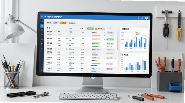 青丰售后返修管理软件主界面截图,展示清晰的工单列表、进度状态标签和统计图表,整体风格简洁商务,背景为浅灰色工作台,配有电脑显示器与维修工具元素,画面明亮清晰