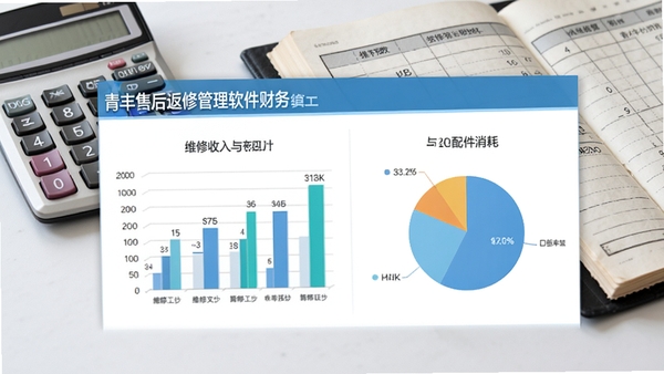 青丰售后返修管理软件财务结算报表界面,展示条形图与饼图,统计维修收入与配件消耗,背景有计算器与账本元素,整体风格专业商务,色调简洁明快