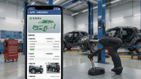 有辆APP车辆检测报告页面展示,包含车况评分、检测项列表和瑕疵照片标注,背景为汽车维修车间,画面主体为手机界面与检测工具,风格专业写实