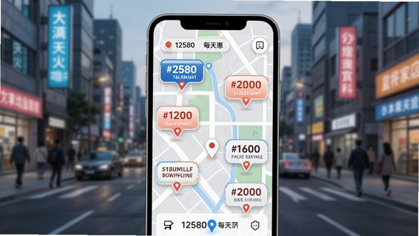 12580每天惠的定位优惠功能示意图,手机地图上显示多个商家标签,每个标签带有折扣数字,背景为城市街道,整体风格简洁现代,突出智能推荐与本地化服务