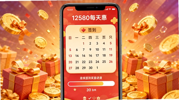 12580每天惠的签到领奖页面,手机屏幕中央显示签到日历和连续签到奖励进度条,背景为金色金币和礼物盒元素,整体氛围喜庆活泼,突出每日福利的吸引力