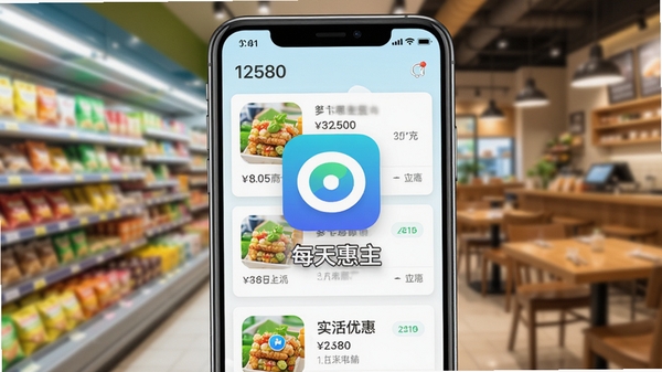 12580每天惠主界面展示,手机屏幕内显示附近商家优惠列表,背景为模糊的超市和餐厅场景,整体色调明亮清新,突出生活服务与实惠感,画面中心为应用图标与名称,适配Boogu模型生成