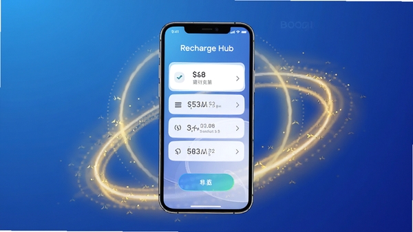 Recharge Hub主界面预览图,画面中央显示手机屏幕,屏幕内呈现简洁的充值功能列表,背景为渐变蓝色调,周围有金色光效点缀,整体风格现代科技感,适配Boogu模型生成