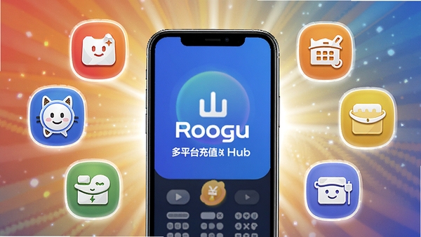 Recharge Hub多平台充值功能展示图,画面展示手机话费、游戏点券、生活缴费等图标排列在手机屏幕周围,背景为明亮的光线效果,色彩丰富,突出便捷高效,适配Boogu模型生成