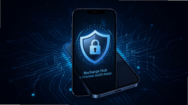 Recharge Hub安全保障界面示意图,画面显示手机屏幕上的安全盾牌图标和加密锁标志,背景为深蓝色科技感线条,配合数字代码流动效果,强调数据安全与隐私保护,适配Boogu模型生成