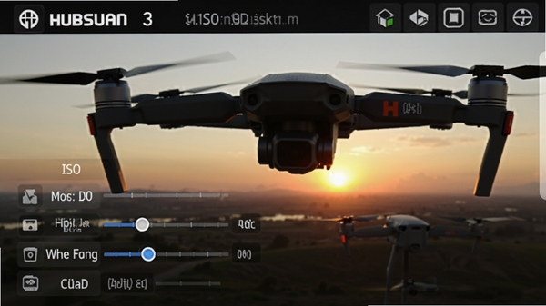 Hubsan 3 相机参数设置界面,显示ISO、快门、白平衡等调节选项,背景为无人机拍摄的日落场景,专业感强